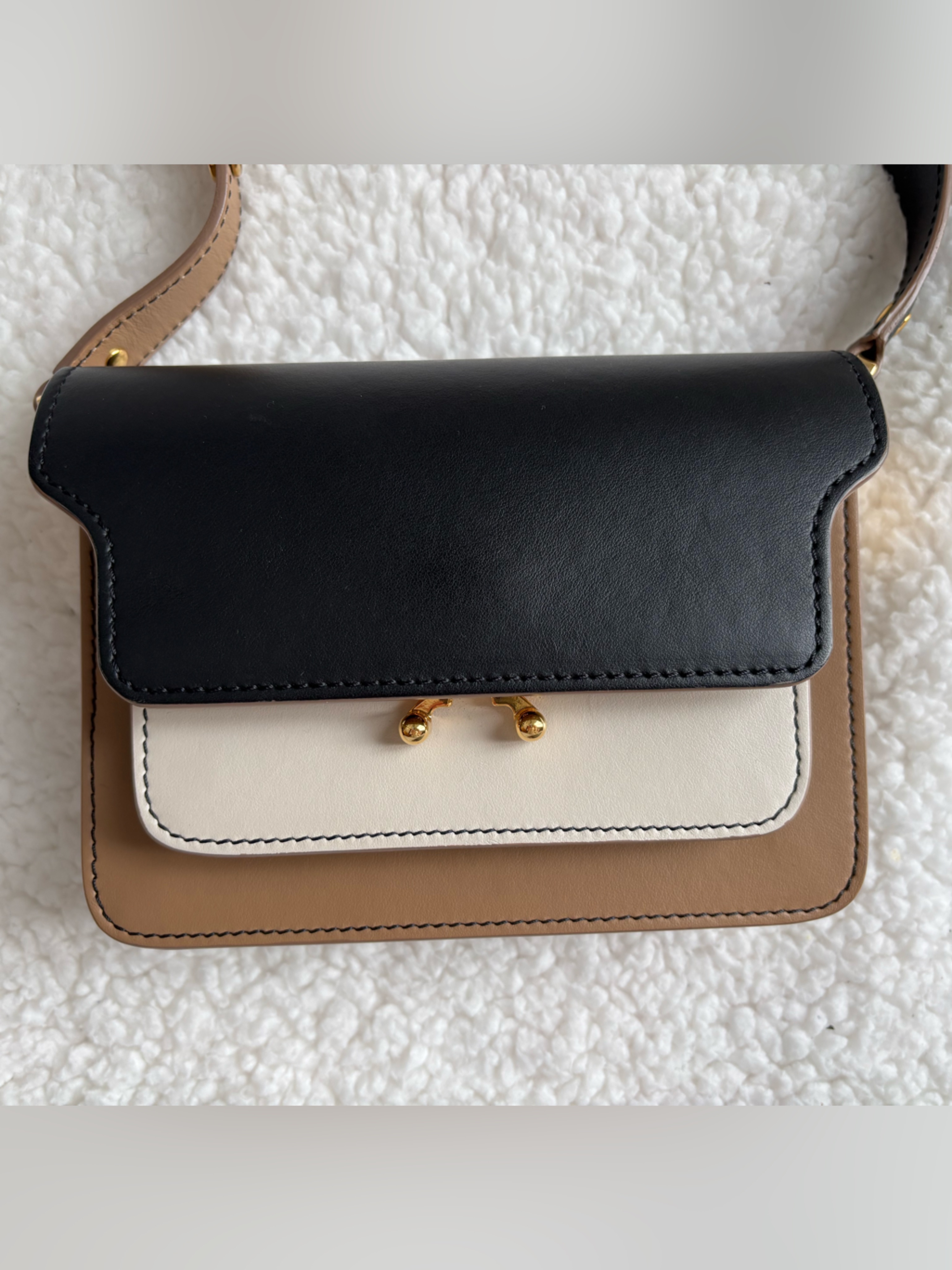 Marni Designer Trunk Colorblock Leather Crossbody Bag In Black White & Tan